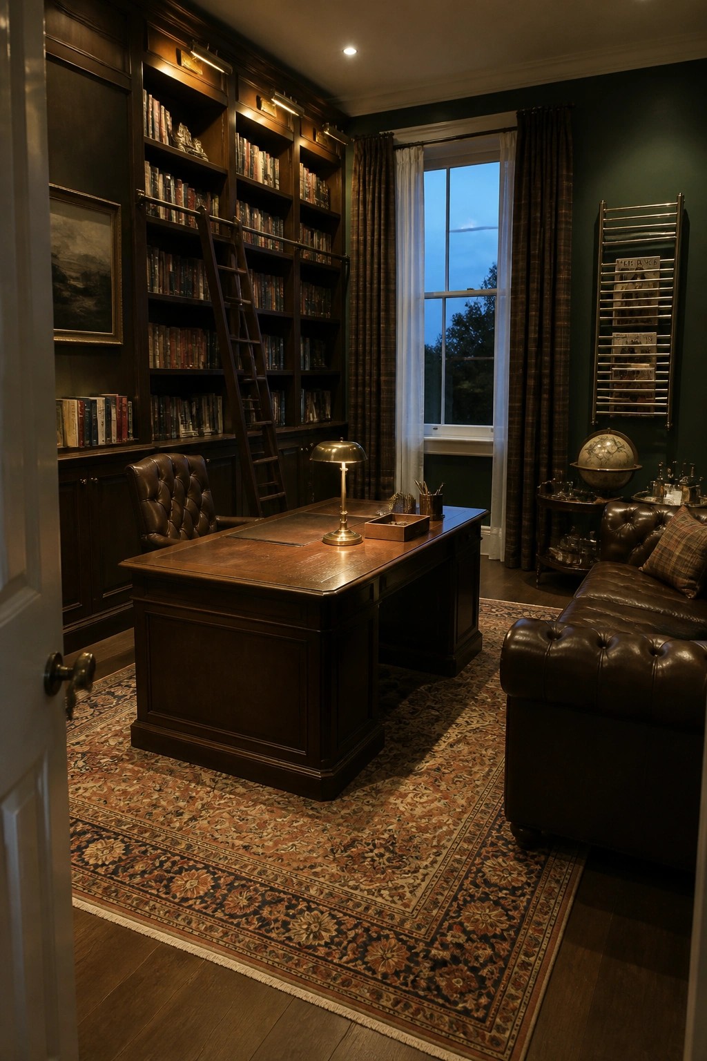 Dimly lit traditional library with dark wood shelves, leather furniture, and ornate rug