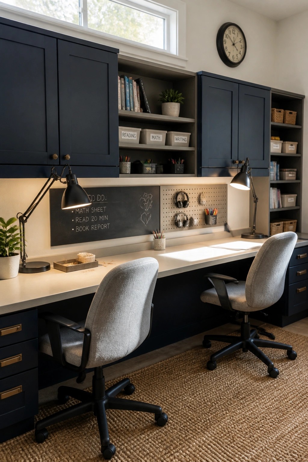 Two gray chairs at long desk with navy cabinets, chalkboard, and lamps.