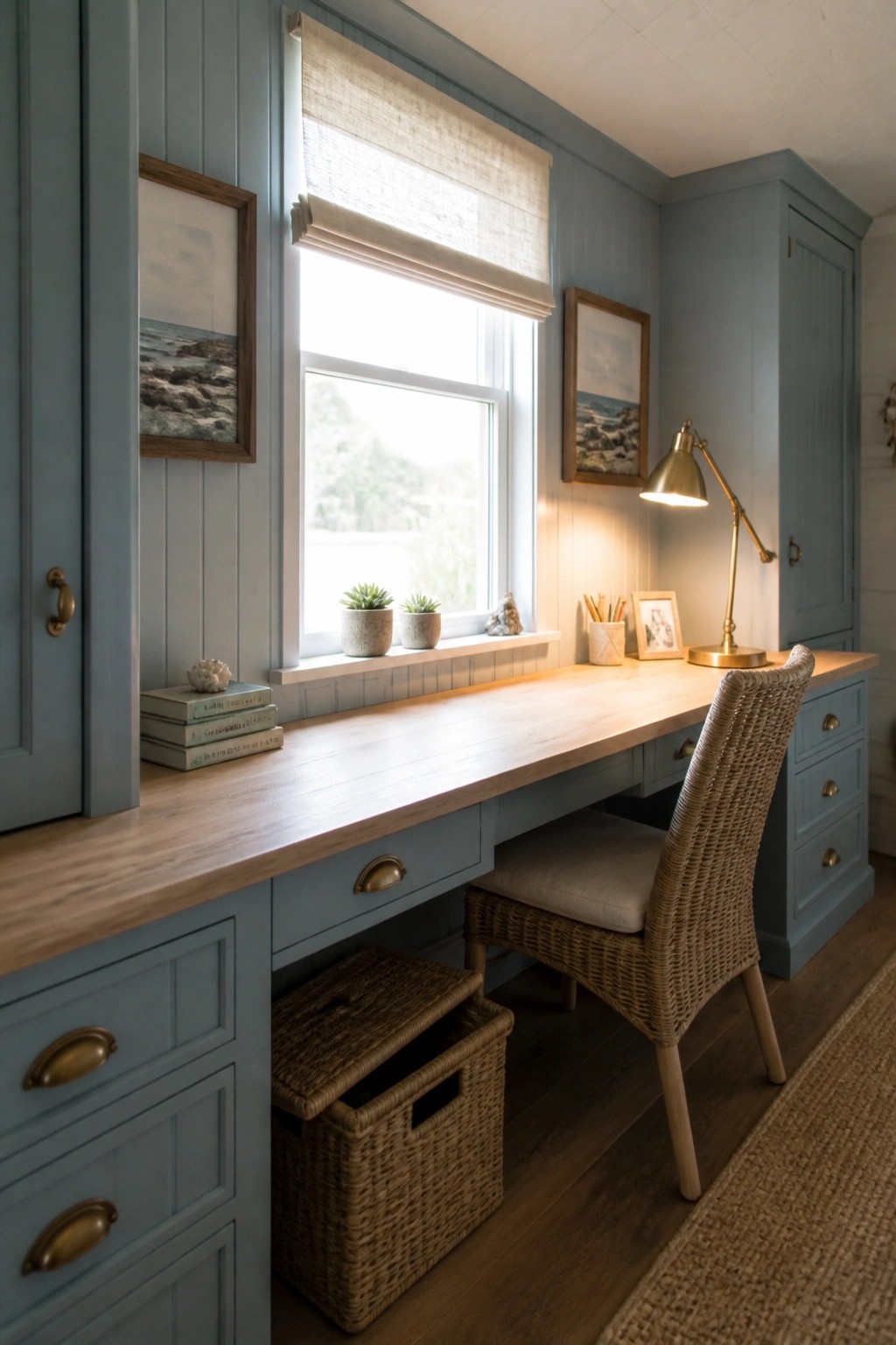 A narrow home office features blue built-in cabinets and a long wooden desk positioned under a window, with a woven chair at the desk.