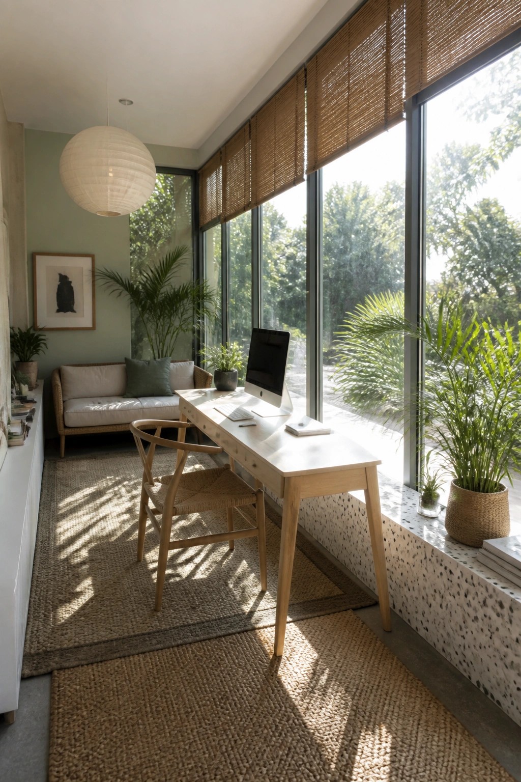 A light wood desk with an iMac faces large windows in a home office, with a woven chair pulled up and a sofa against the back wall.