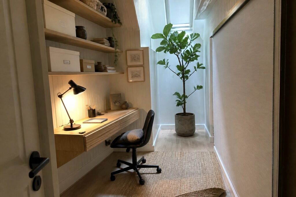 A narrow home office features a light wood floating desk with drawers mounted on a white paneled wall, a black office chair on a woven rug, open wooden shelves above the desk, and a large potted plant near a tall window.