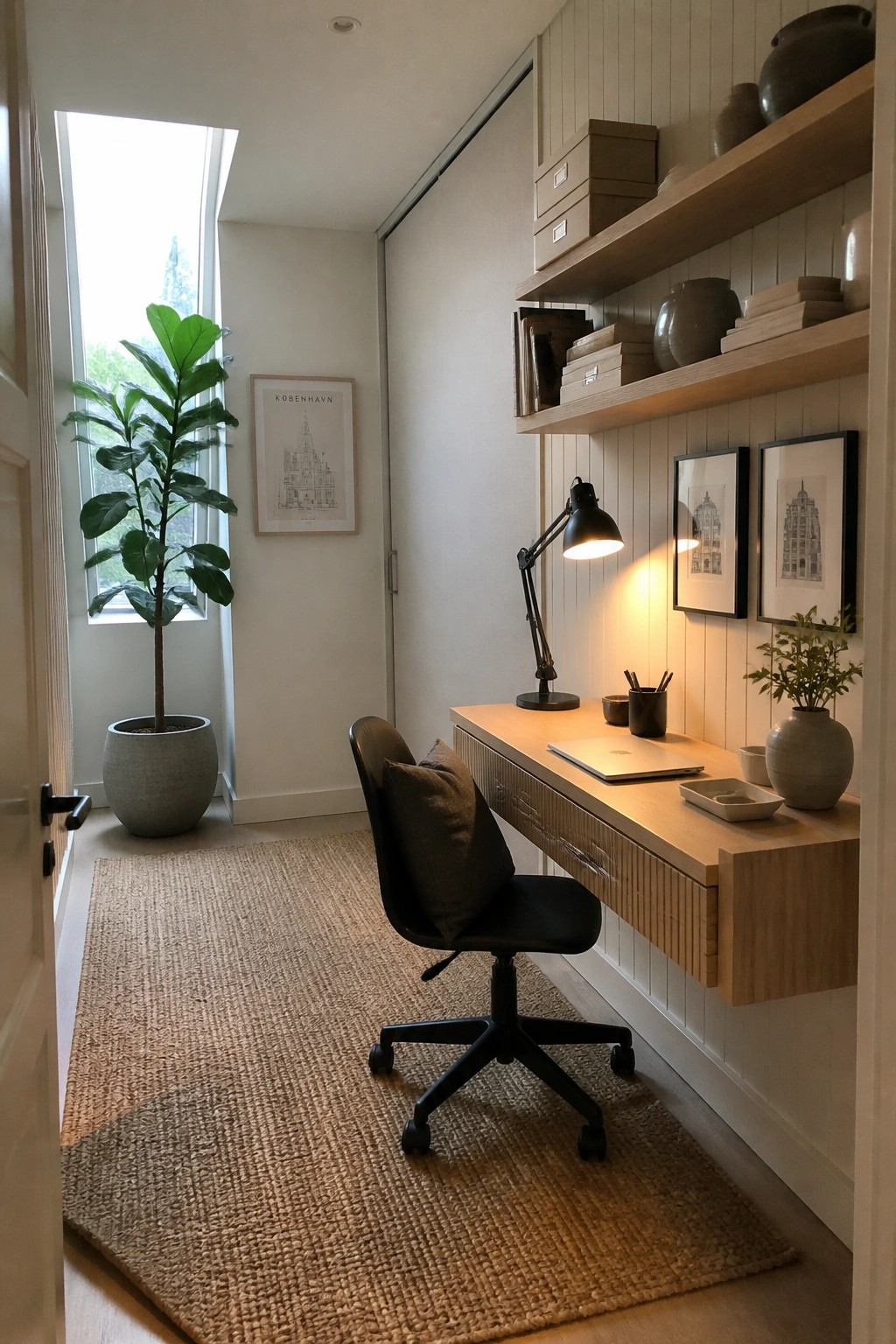 A narrow home office features a light wood floating desk with drawers mounted on a white paneled wall, a black office chair on a woven rug, open wooden shelves above the desk, and a large potted plant near a tall window.