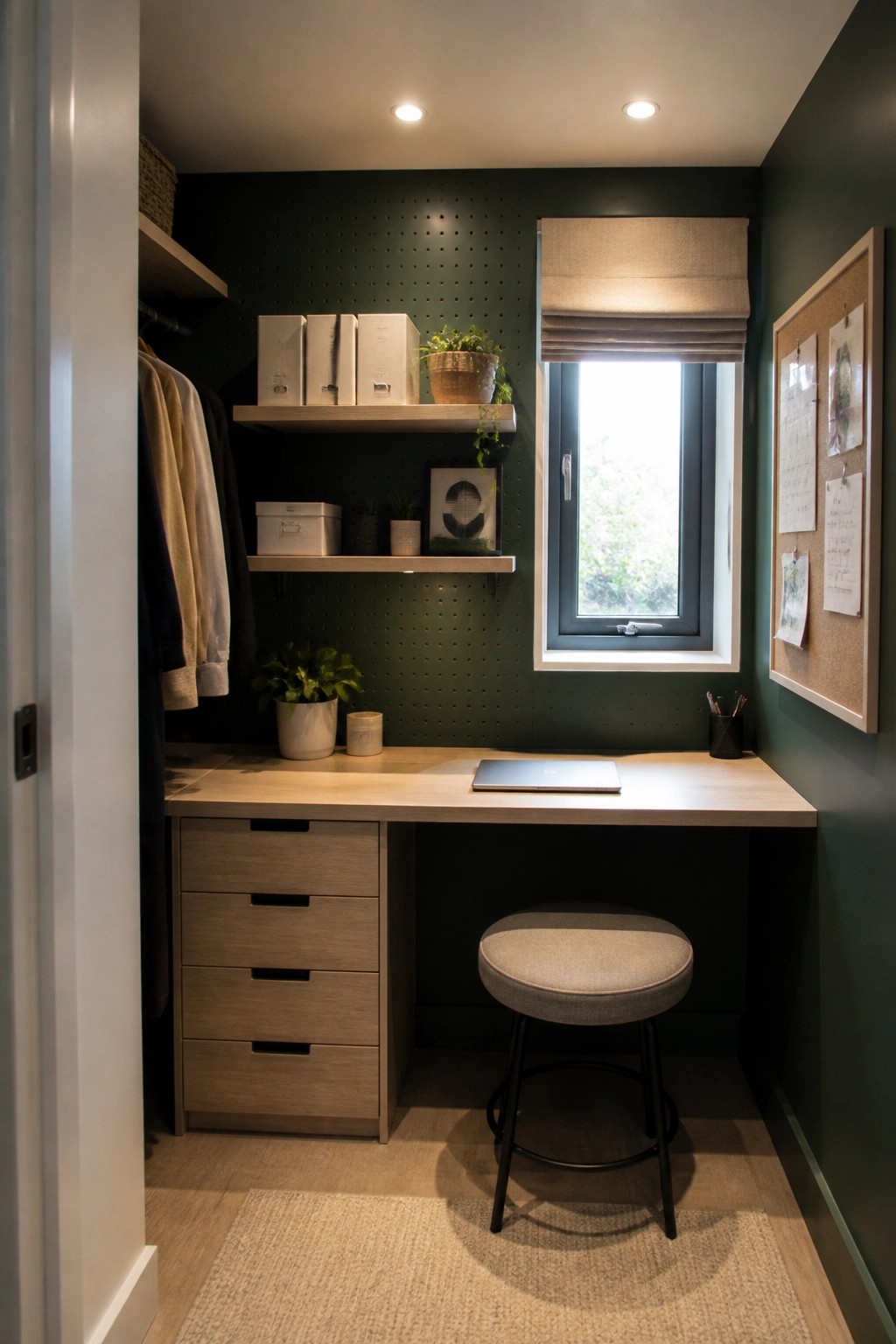 A narrow closet converted into a small workspace with a light wood desk, four drawers, floating shelves, a window, and a round stool on a rug.
