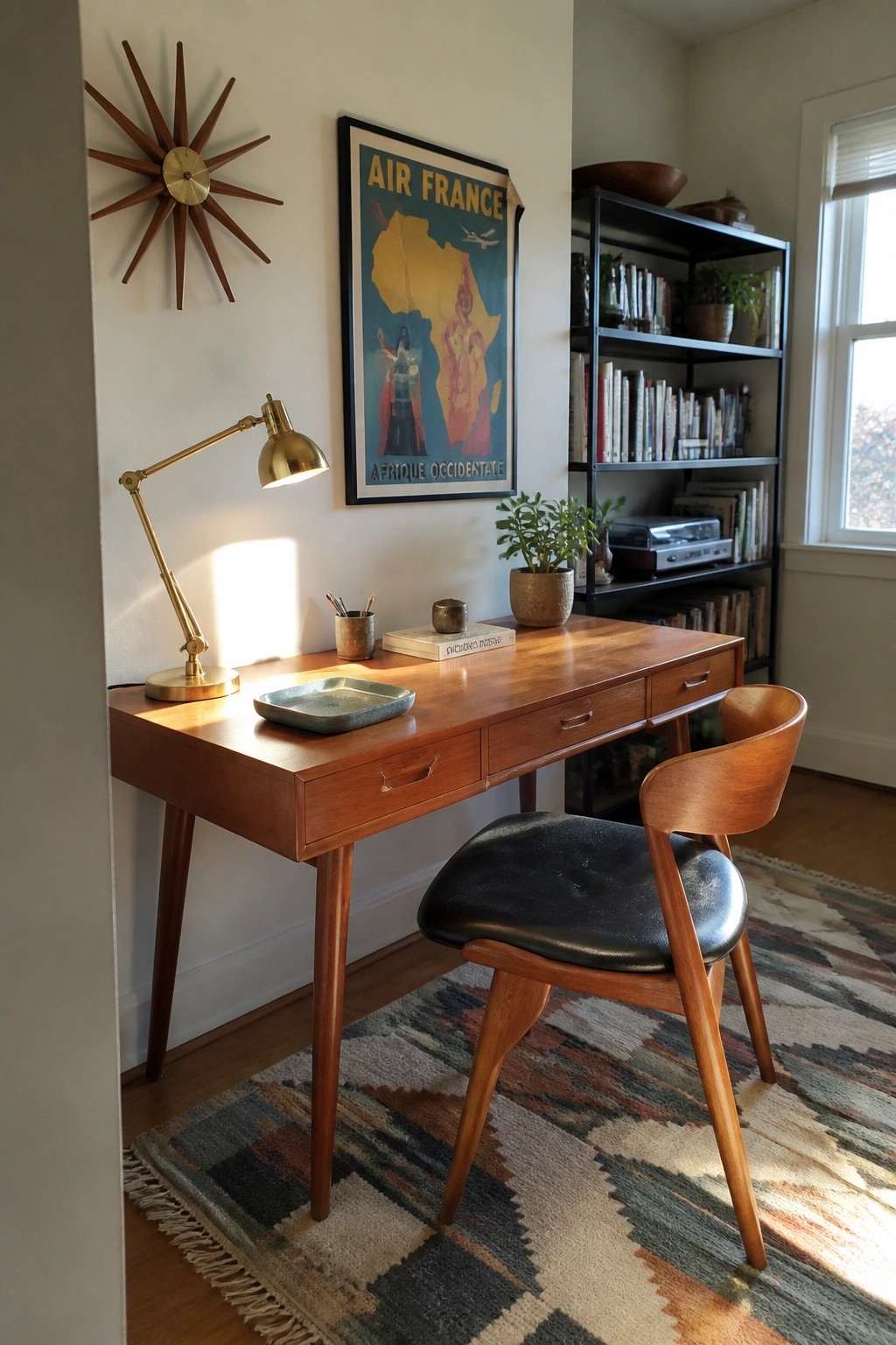 A mid-century wooden desk with a black leather chair sits on a patterned rug against a white wall, with a brass desk lamp, a poster above, and a black bookshelf nearby.