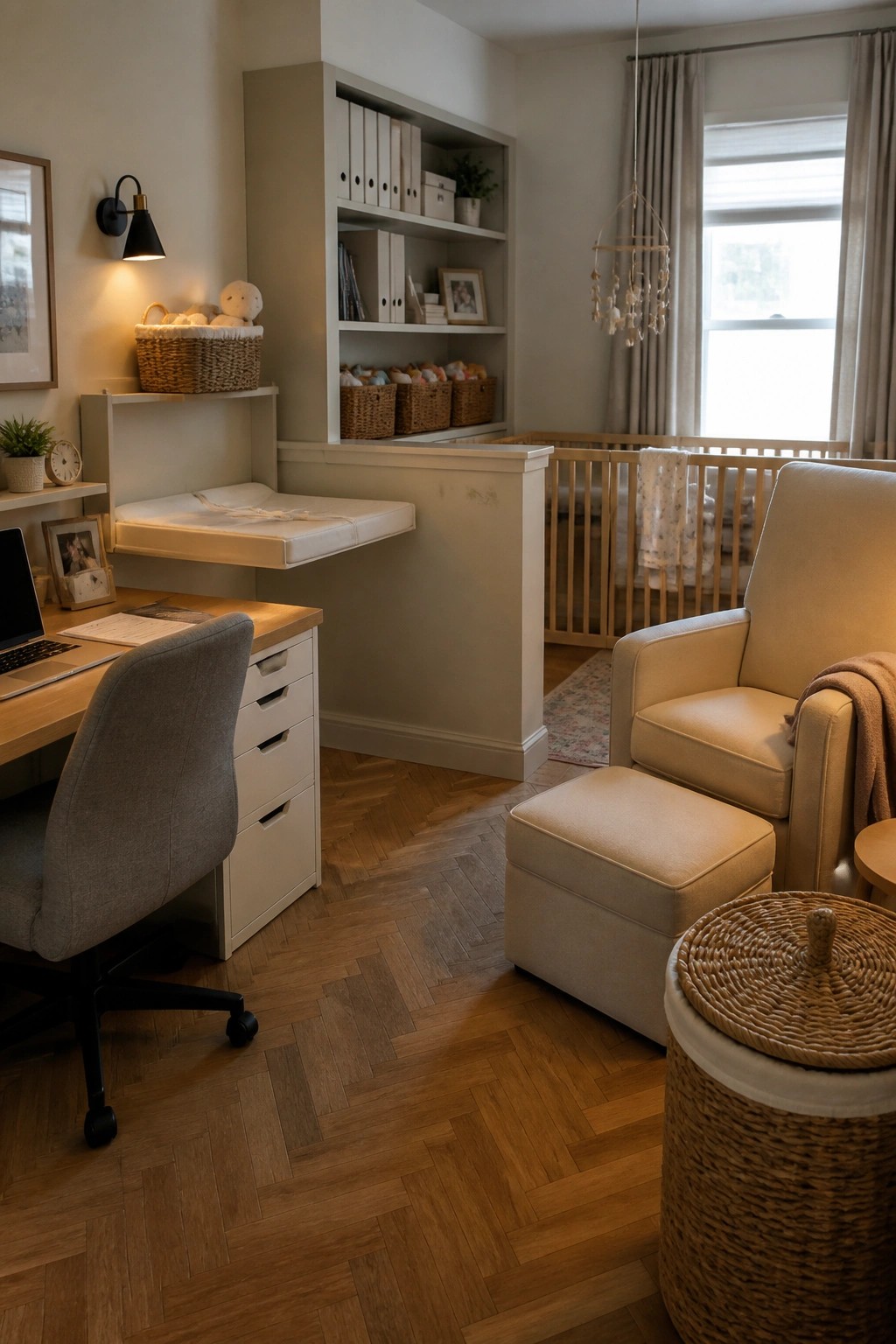 A home office and nursery combined in one room, with a wooden desk and gray chair on the left, a wall-mounted changing table, built-in shelves holding binders and baskets, a wooden crib, and a beige armchair with ottoman on the right.