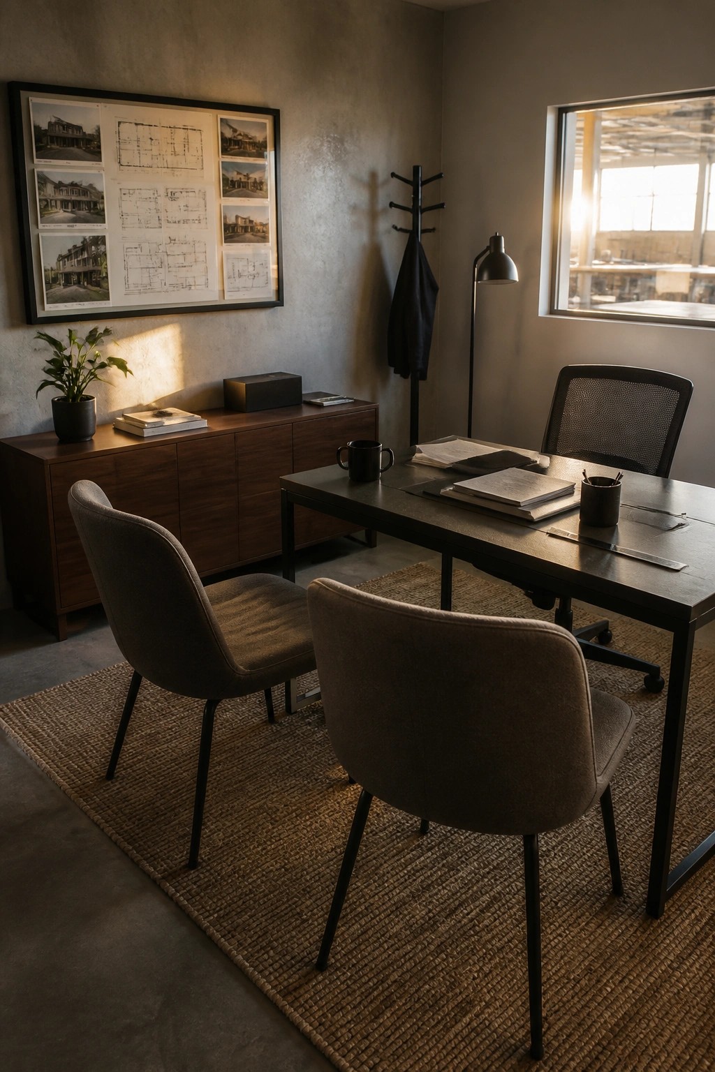 A home office interior showing a dark desk with two upholstered chairs facing it, a wooden credenza with books and a plant, framed prints on the wall, and a large window on the right.