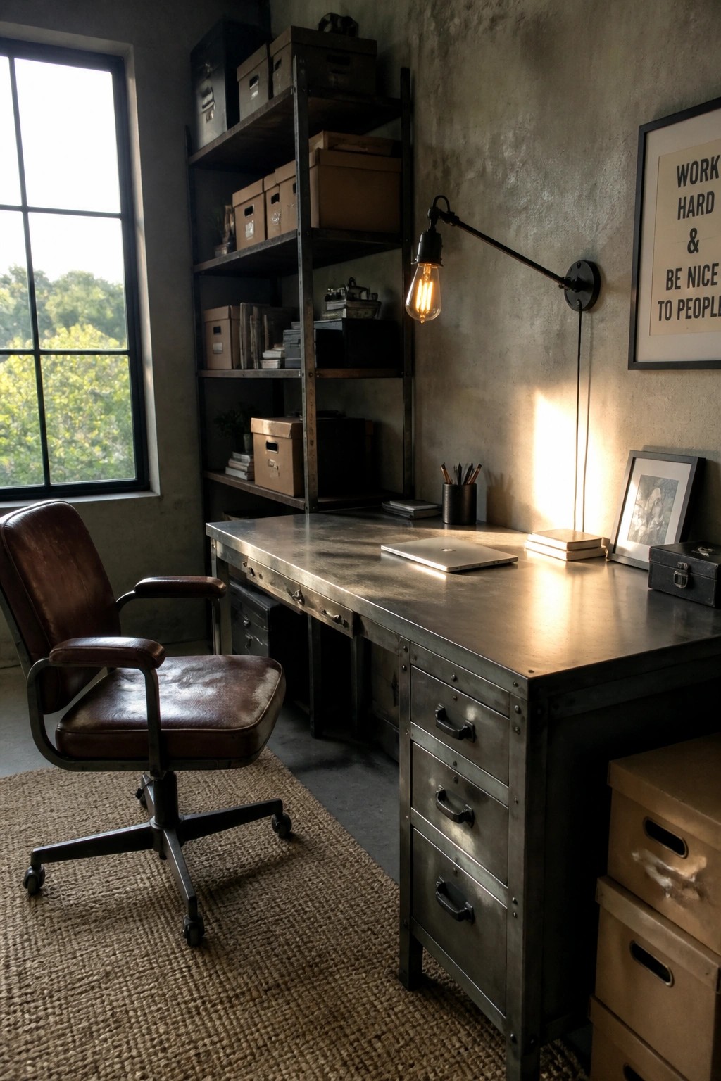A home office with a large metal desk featuring multiple drawers, a brown leather office chair on a woven rug, industrial shelving with boxes, and a wall-mounted lamp.