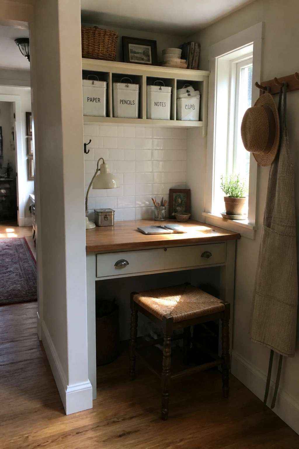 A small built-in desk nook with white cubbies holding labeled storage bins above a wooden countertop, a stool underneath, and a window to the right.