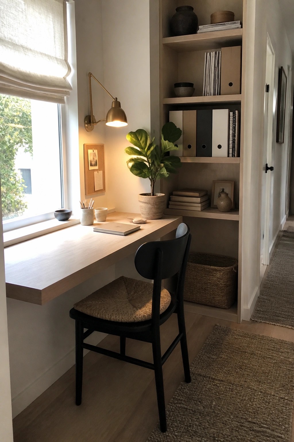 A small home office features a light wood floating desk under a window next to a built-in shelving unit holding books, binders, and a potted plant, with a black chair on a woven rug.