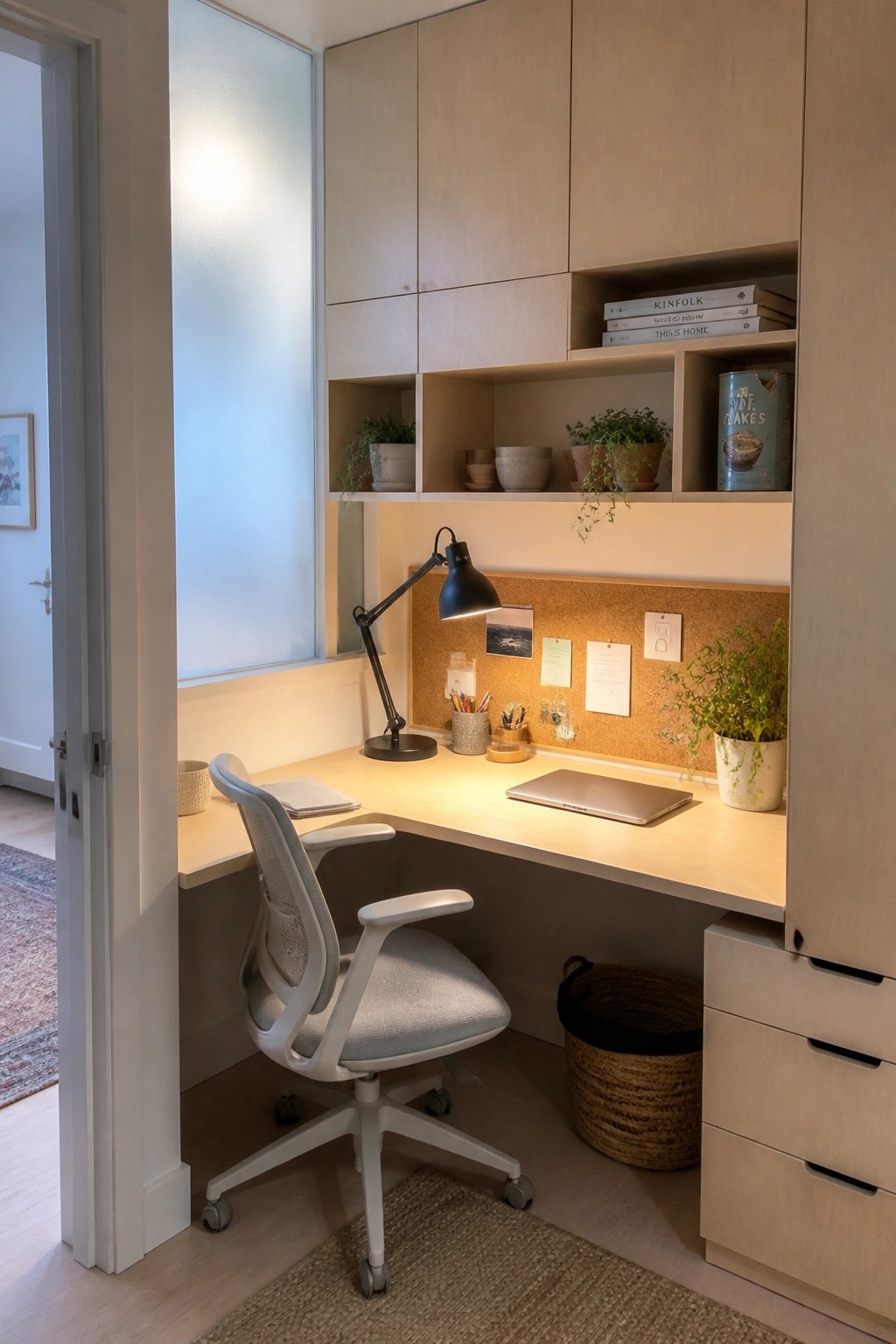 Built-in light wood desk with white chair, black lamp, corkboard, and potted plants.