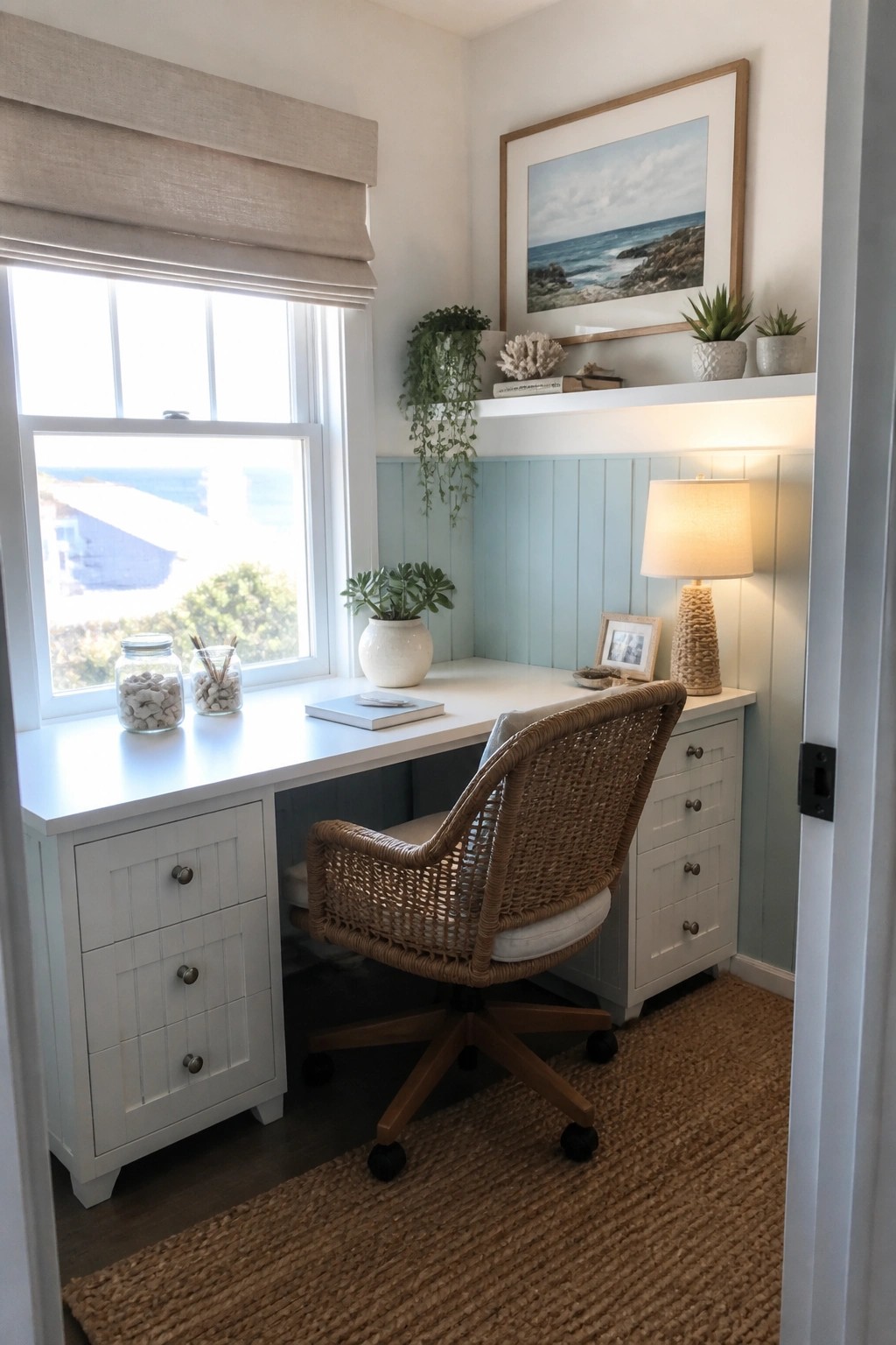 A small white desk with drawers on both sides is placed under a window in a home office, paired with a woven swivel chair and a floating shelf above.