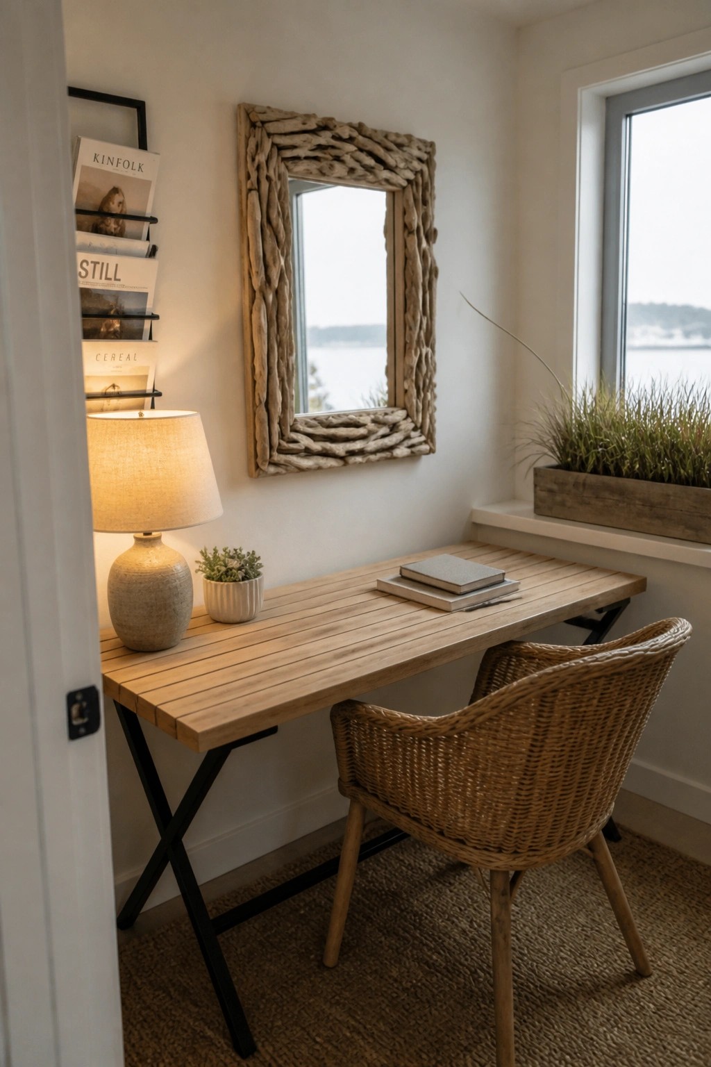 A narrow wooden desk with black crossed legs holds books and a lamp beside a woven chair in a small corner office.