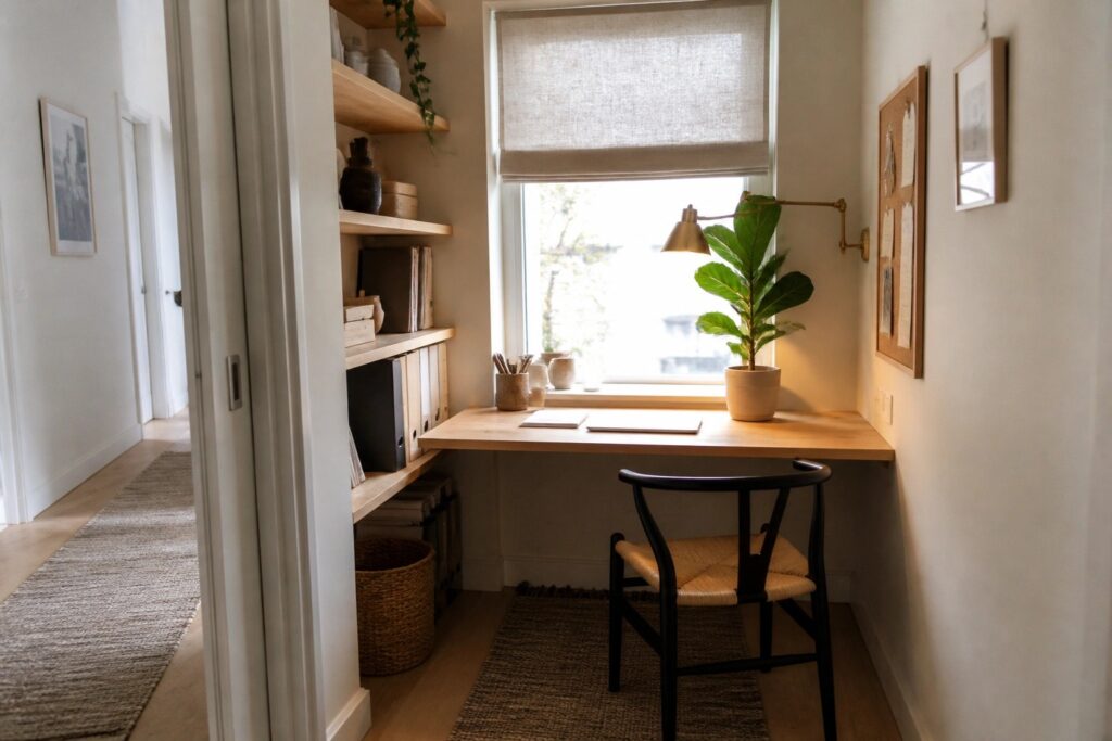 A small home office features a light wood floating desk under a window next to a built-in shelving unit holding books, binders, and a potted plant, with a black chair on a woven rug.