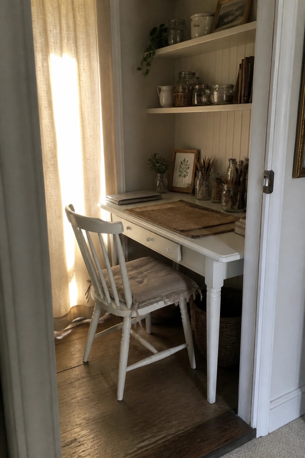 A white desk and chair placed in a small recessed alcove with open shelves above holding jars and books, next to a window with sheer curtains.