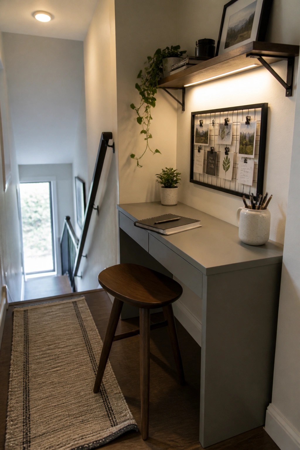 A narrow gray desk with a round wooden stool is placed against a wall beneath a wooden shelf and wire grid display in a small interior nook.