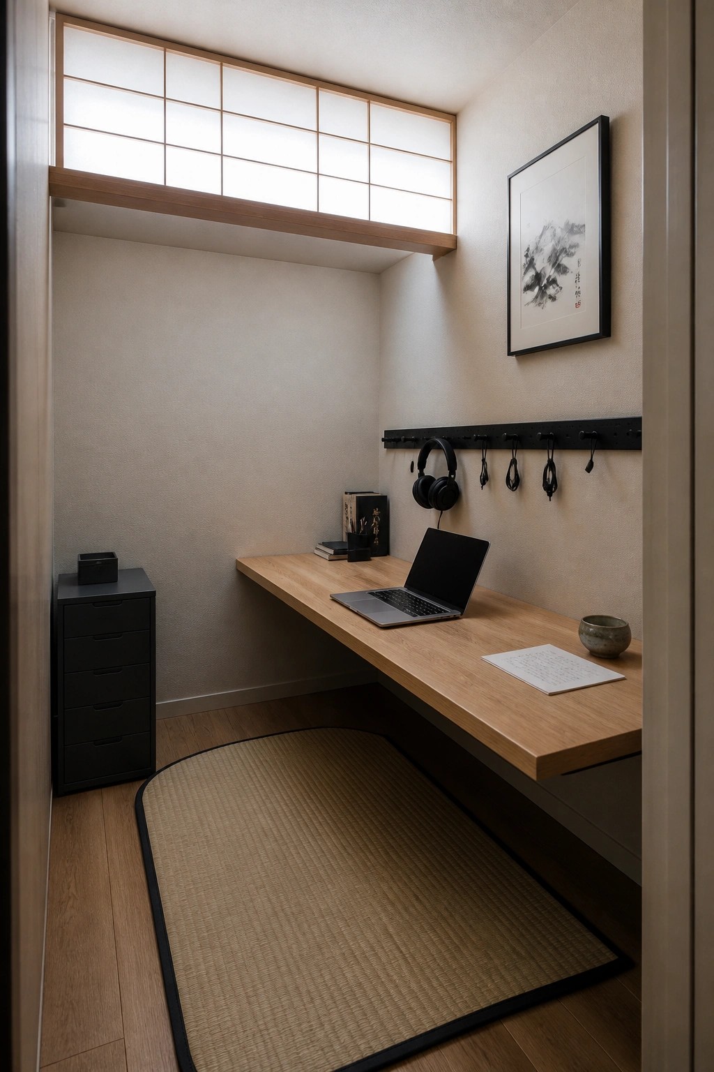 Small home office featuring a low wooden desk on tatami matting with a laptop and wall storage hooks.