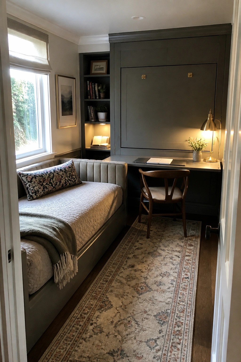 A narrow room with a built-in desk and cabinets along one wall, a gray daybed under a window on the opposite side, and a wooden chair on a patterned rug.