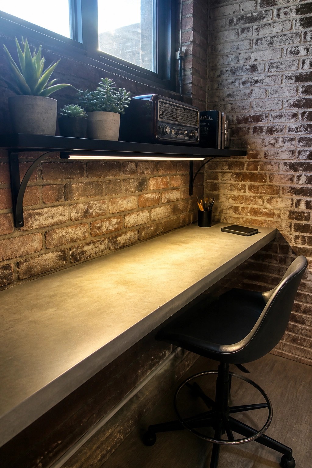 A concrete desk sits against a brick wall beneath a black floating shelf that holds potted plants and a vintage radio, with under-shelf lighting and a black swivel chair pulled up to the desk.