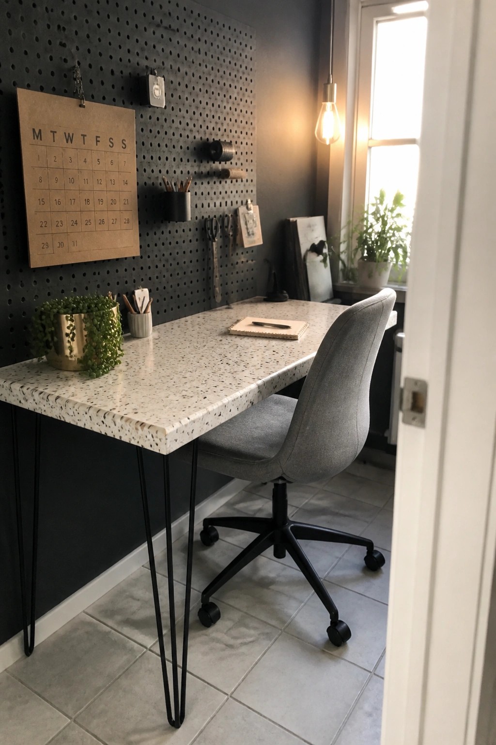 A compact home office desk with a speckled top and black hairpin legs sits in front of a dark pegboard wall holding a calendar, cups, and hanging tools, with a gray office chair pulled up to the desk.