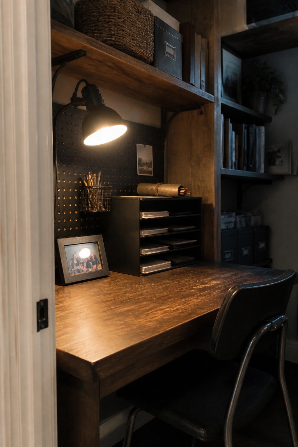 A wooden desk with a black chair faces a pegboard wall with a lit desk lamp, wire basket, and small framed photo, plus wooden shelves above.