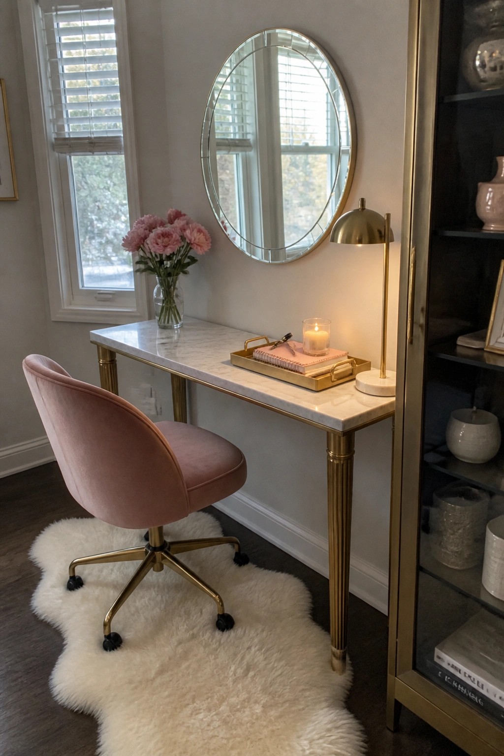 A compact home office features a white marble desk with gold legs, a pink velvet swivel chair on a white shag rug, a round mirror above the desk, and a lit candle on a gold tray.
