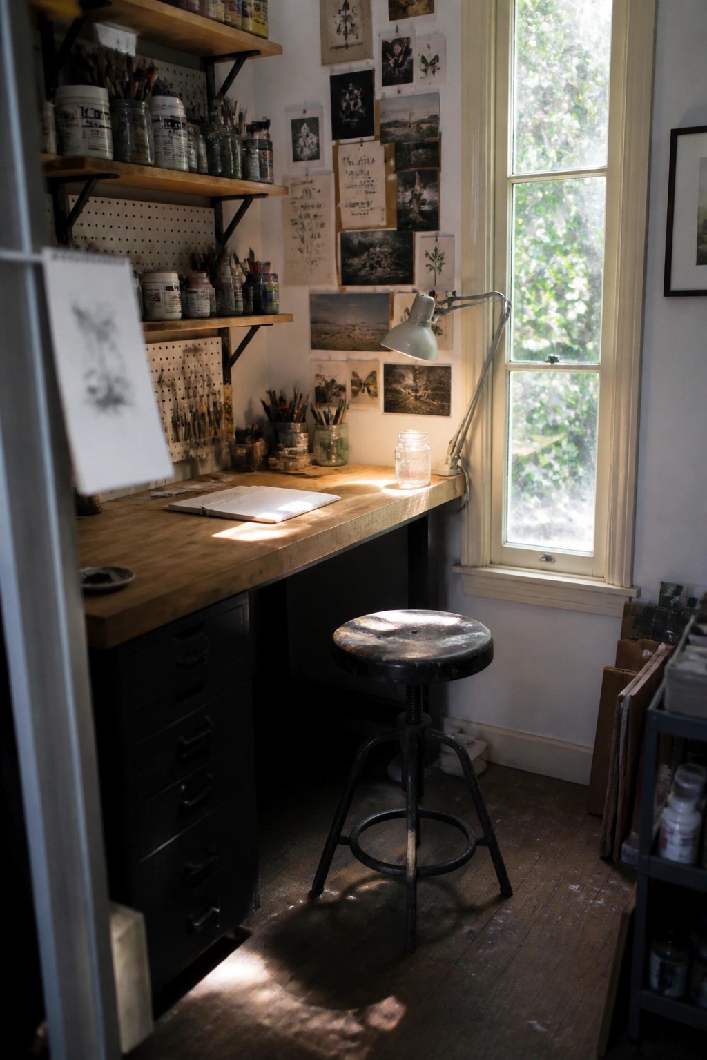 A wooden desk with an open notebook sits under a large window in a small room, with a black metal stool in front and shelves of art supplies along the left wall.