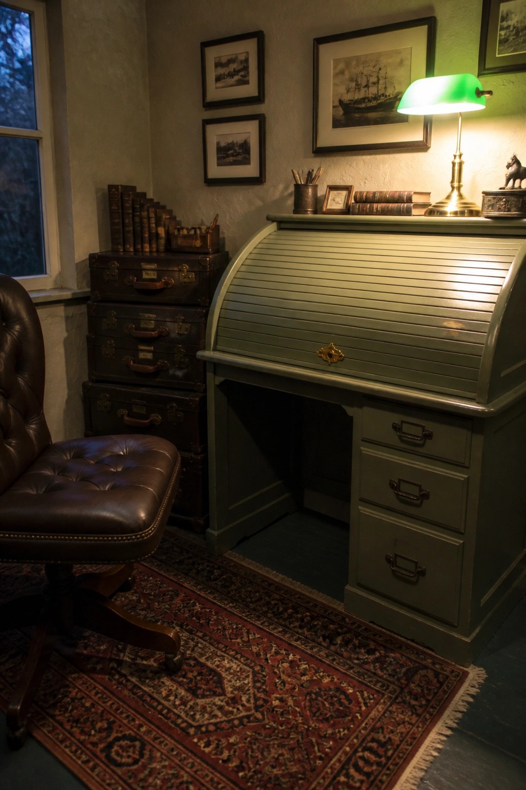 A small home office with a green roll-top desk, green banker's lamp, brown leather chair, stacked vintage trunks, framed pictures on the wall, and a patterned rug.