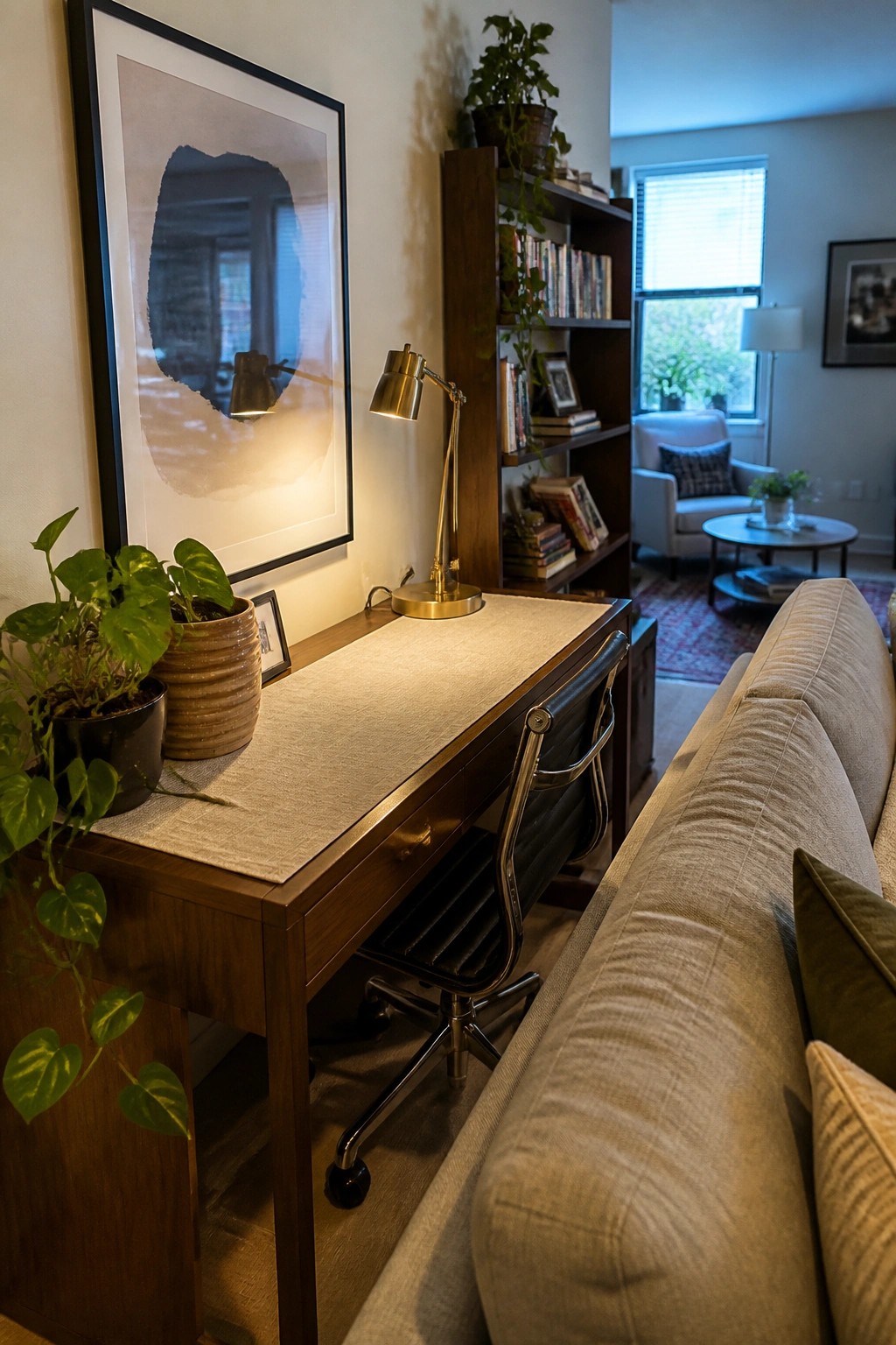 Wooden desk with black leather chair, brass lamp, plants, and abstract framed art