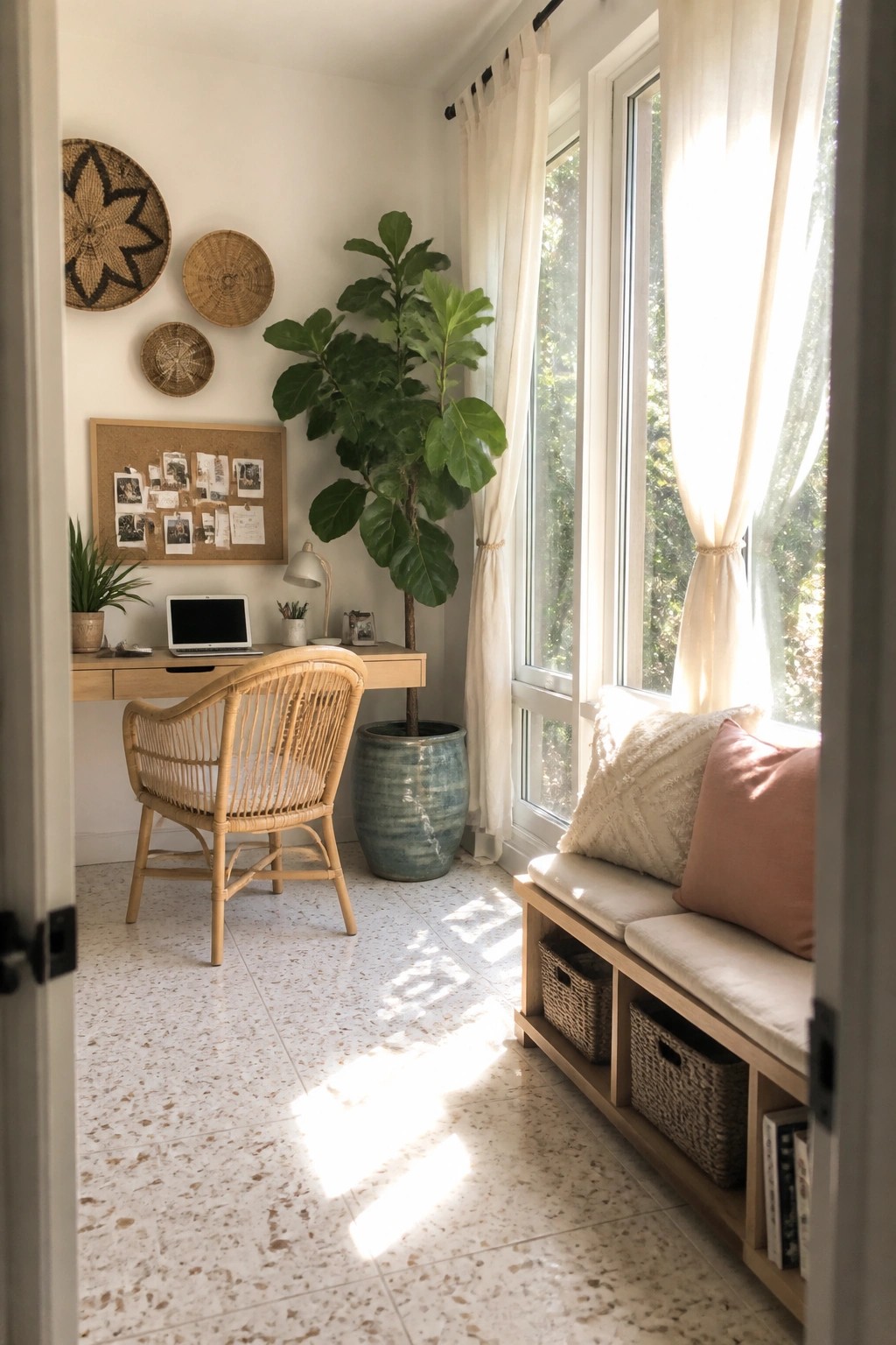 Bright sunlit nook with window bench, tall fiddle-leaf fig, wicker chair, and desk.
