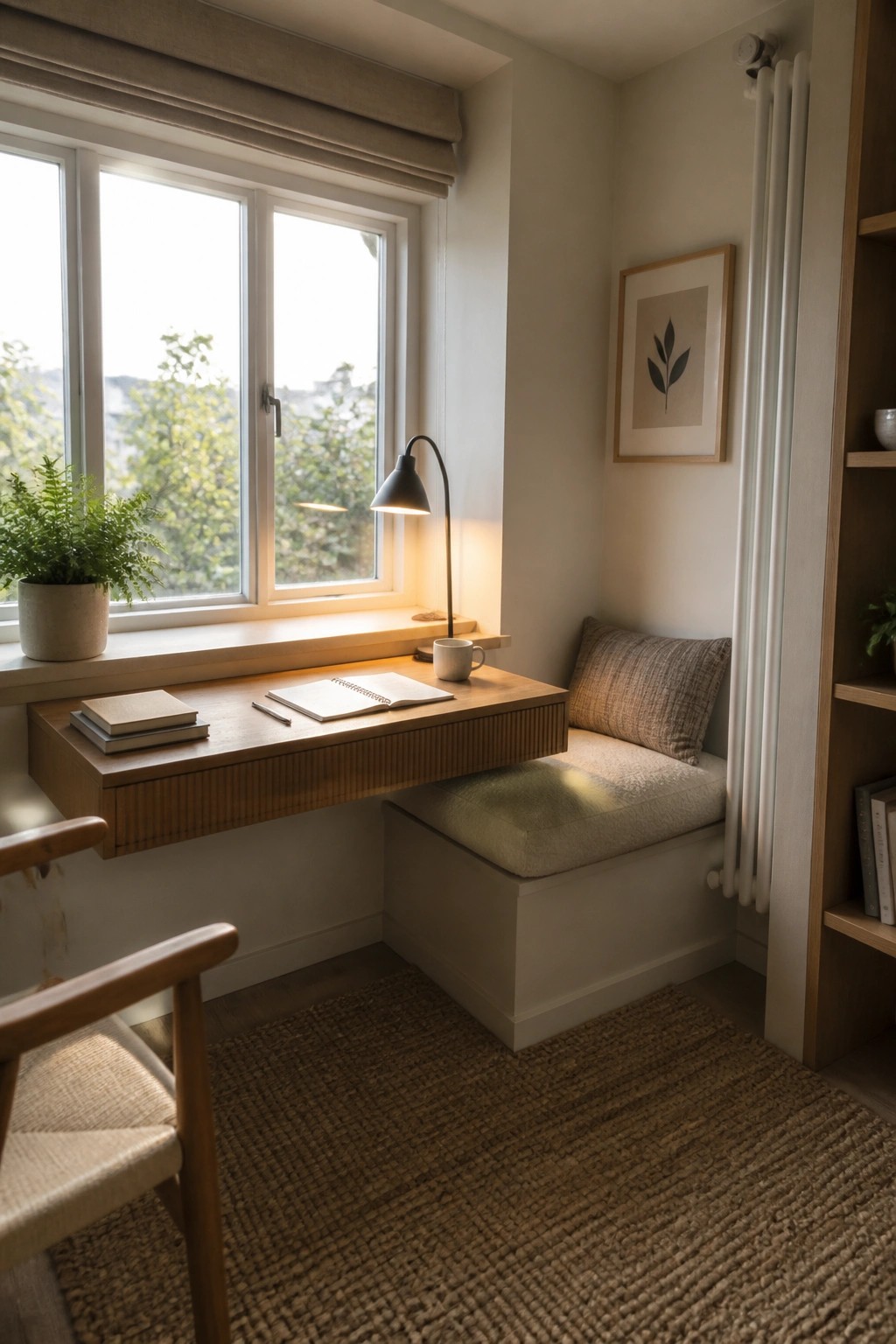A light wood built-in desk with a small black lamp, notebook, pen, and ceramic mug sits under a window next to a cushioned bench with a striped pillow.