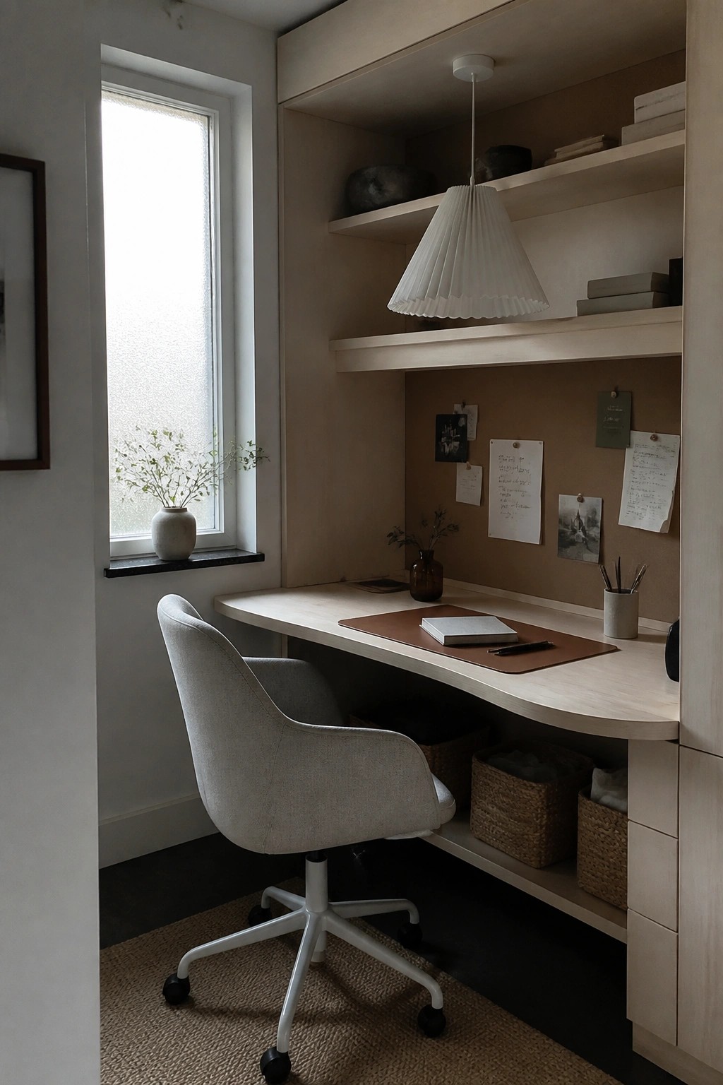 A light wood built-in desk in a neutral home office nook includes woven baskets for storage below, a gray upholstered office chair, and open shelves above holding books and decor.