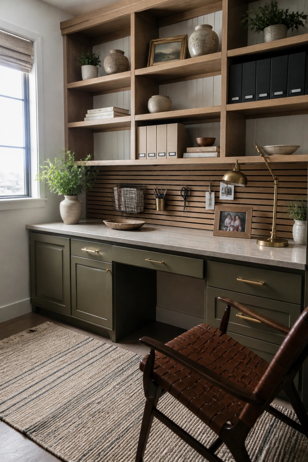 A built-in home office desk with olive green cabinetry, light wood open shelving above, and a woven leather chair on a striped rug.