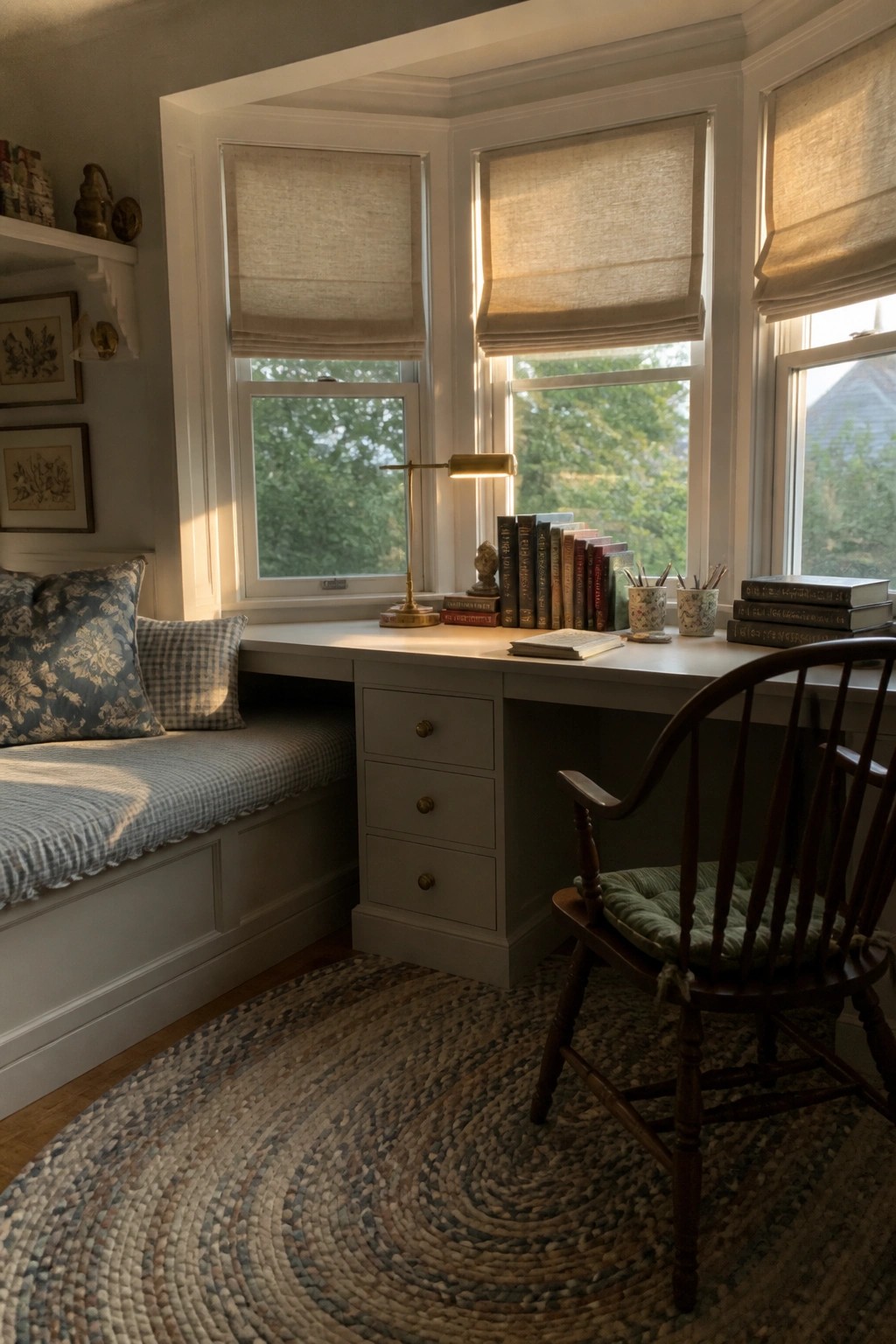 Cozy sunlit desk nook with wooden chair, books, lamp, and braided rug