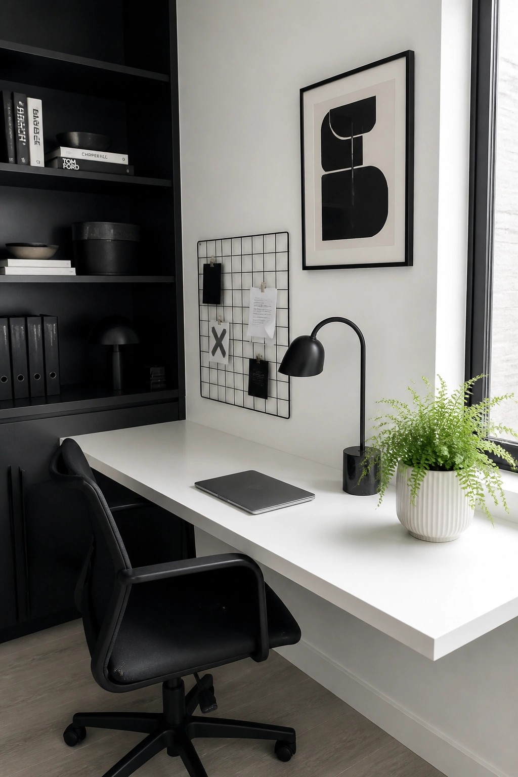 A home office features a white desk with a black office chair, black built-in shelving filled with books and binders, a black wire grid on the wall, and a potted plant on the windowsill.