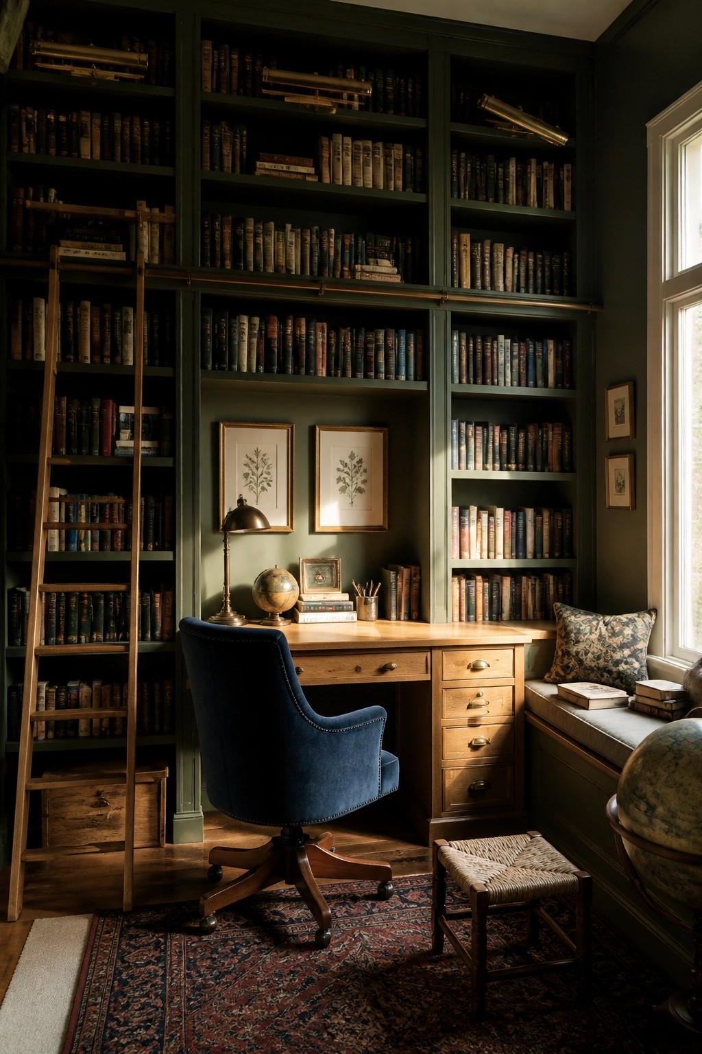 A home office featuring built-in green bookshelves surrounding a wooden desk with a blue upholstered chair in front.
