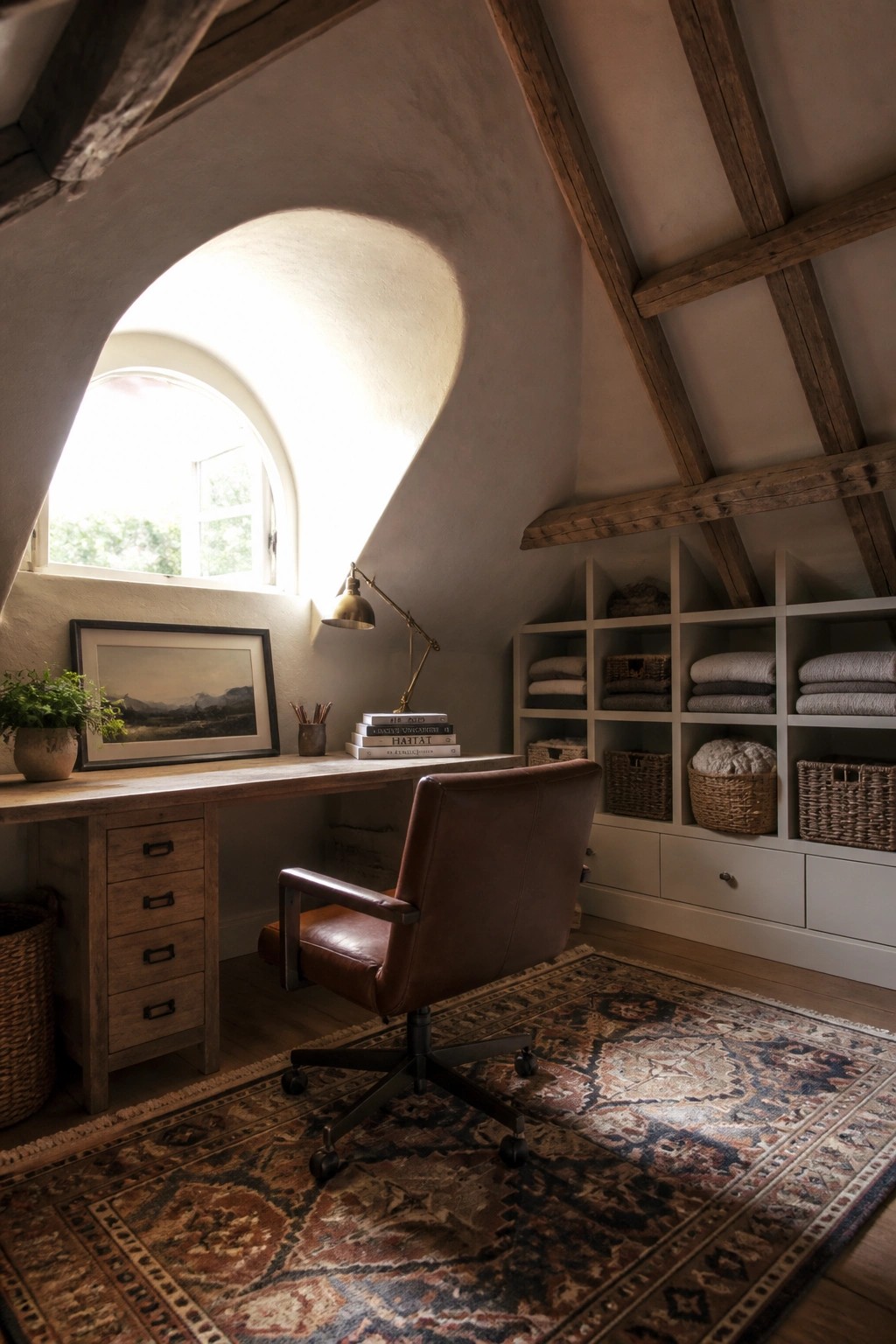 A wooden desk sits under an arched window in an attic office, with a brown leather chair on a patterned rug and white built-in shelves holding baskets and folded textiles to the right.