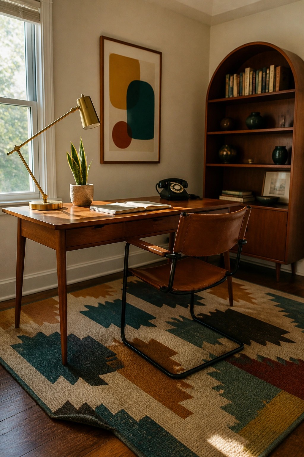 A wooden desk with an open book, brass lamp, and potted plant sits on a patterned rug next to a brown leather chair in a home office.