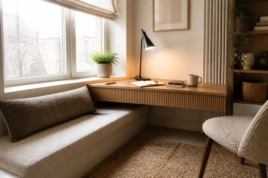 A light wood built-in desk with a small black lamp, notebook, pen, and ceramic mug sits under a window next to a cushioned bench with a striped pillow.