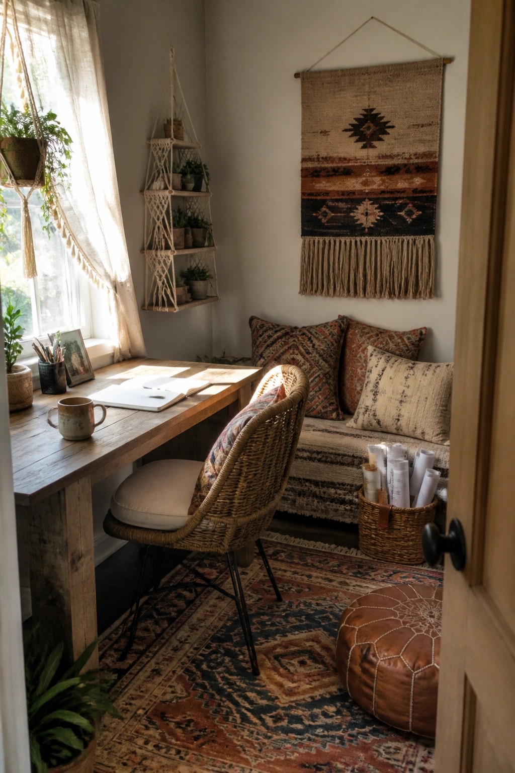 A small home workspace with a wooden desk under a window, a woven chair with a cushion, an open notebook, a cushioned bench with pillows, a wall hanging, and a basket of rolled papers on a patterned rug.