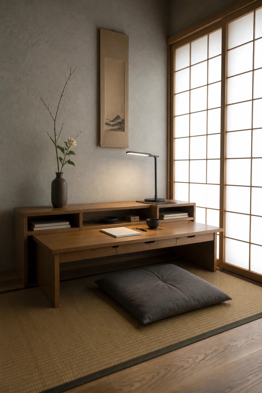 A low wooden desk platform on tatami mats in a Japanese-style room, with a gray floor cushion, open laptop, desk lamp, and shoji window on the left.