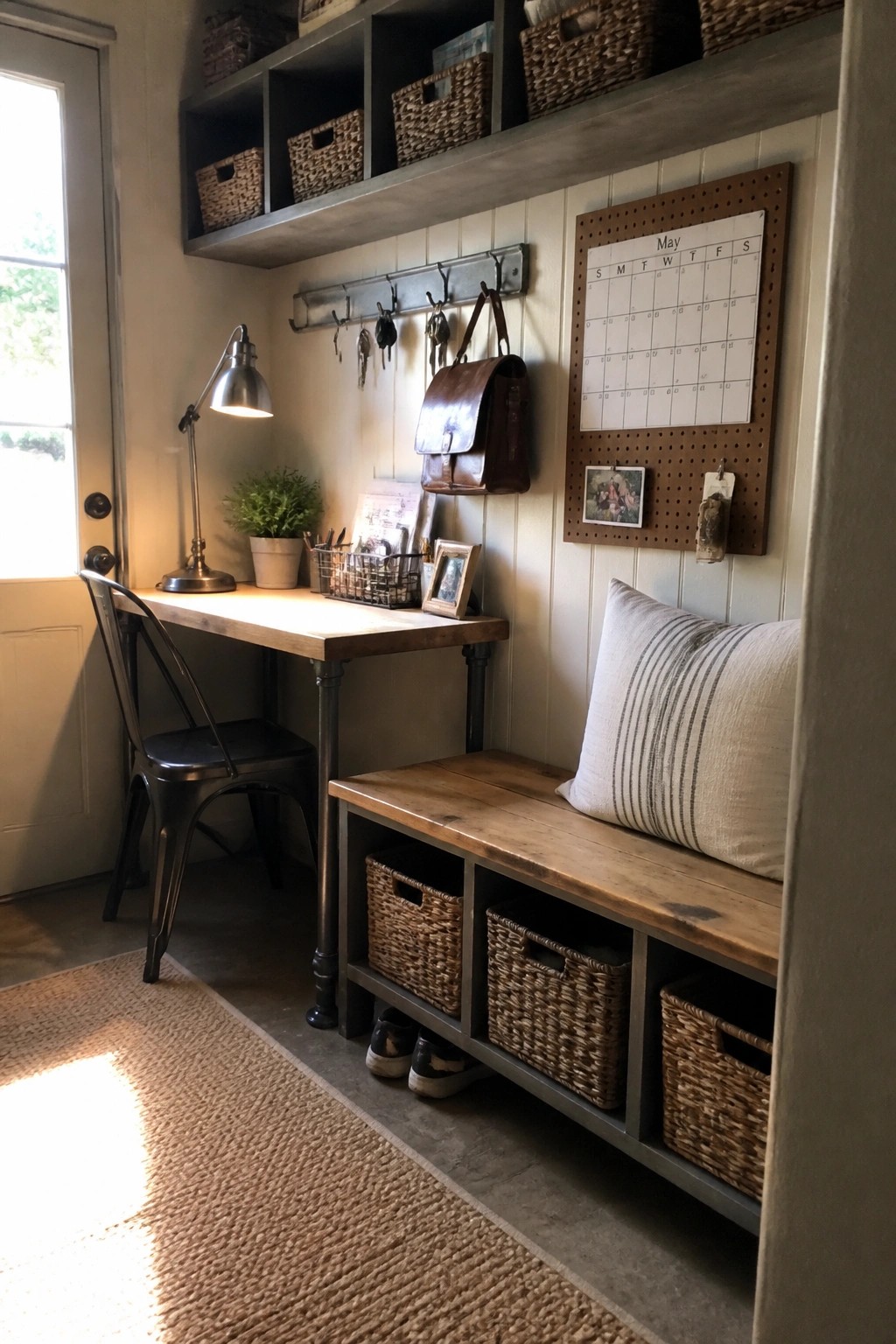 A narrow wooden desk with a metal chair and lamp is placed beside a storage bench holding woven baskets, with wall hooks and a pegboard calendar above in a light-colored entryway.