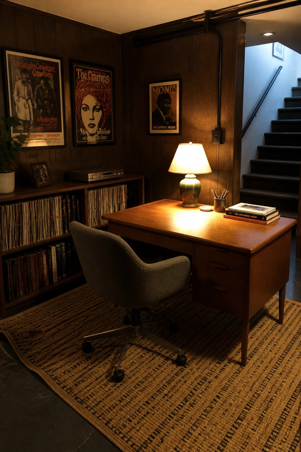 A compact home workspace features a wooden desk with a lit table lamp, an upholstered swivel chair, and dark wood paneling, with a staircase and record shelves visible nearby.