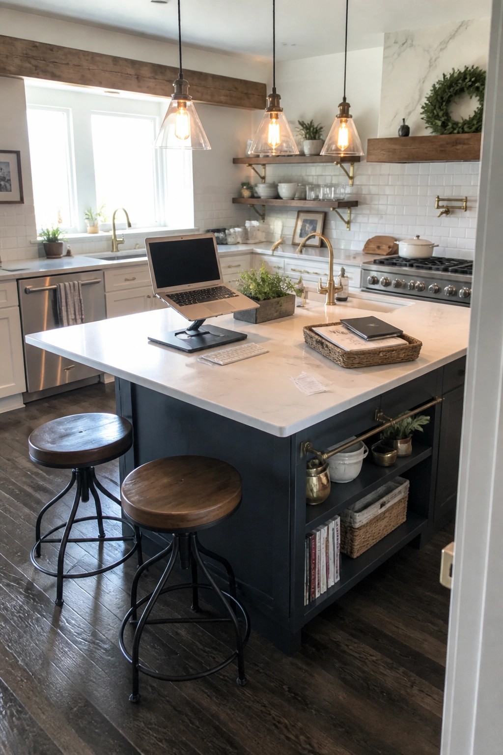 A kitchen island with a laptop on a stand, wireless keyboard, two wooden stools, and open lower shelves holding books and baskets.