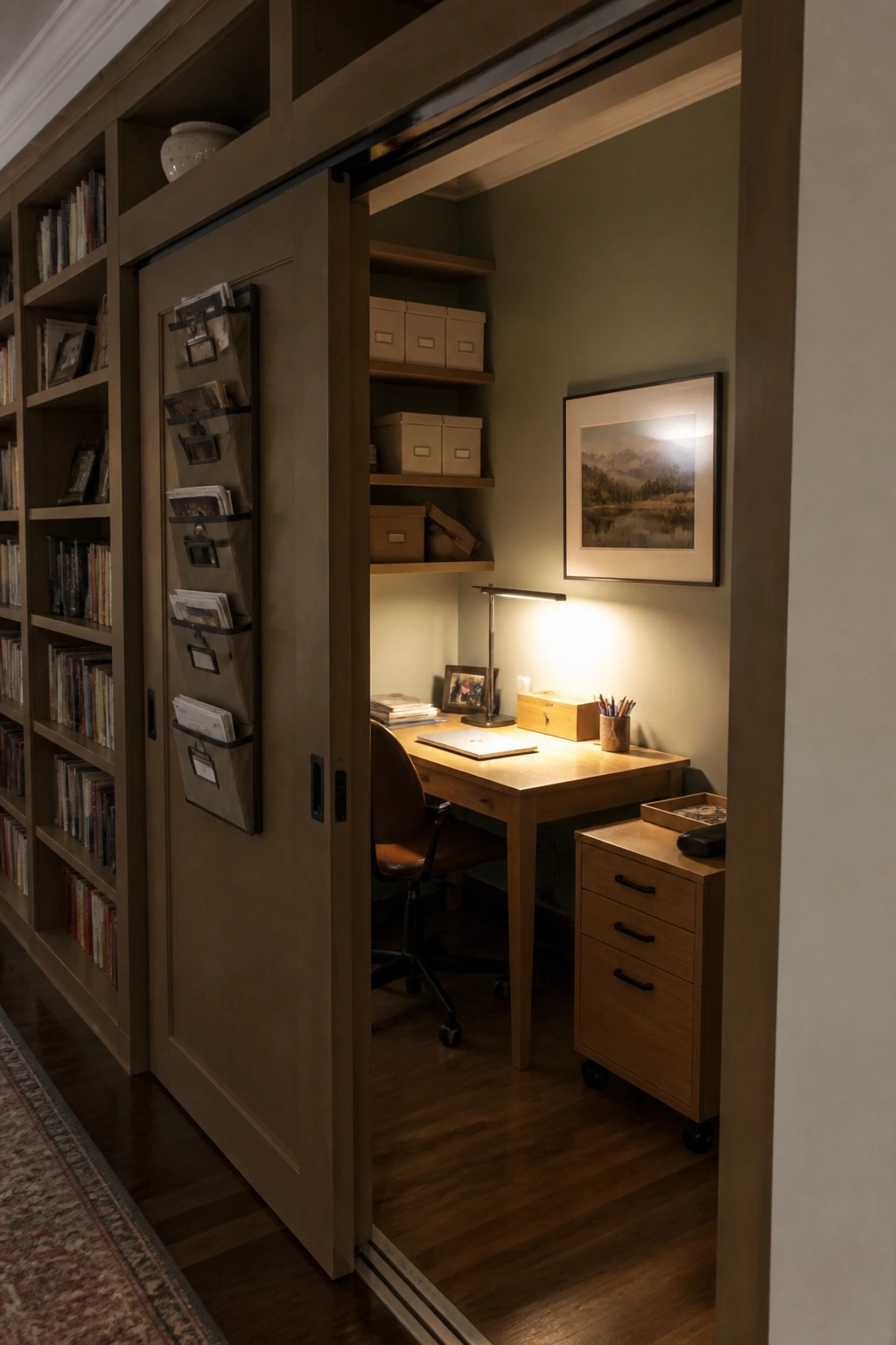 Open sliding door revealing cozy wooden desk office with shelves and lamp