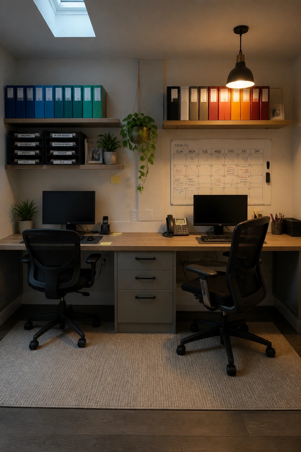 A home office with two desks, black office chairs, computer monitors, wall shelves holding uniform binders and file trays, a whiteboard calendar, and hanging plants.