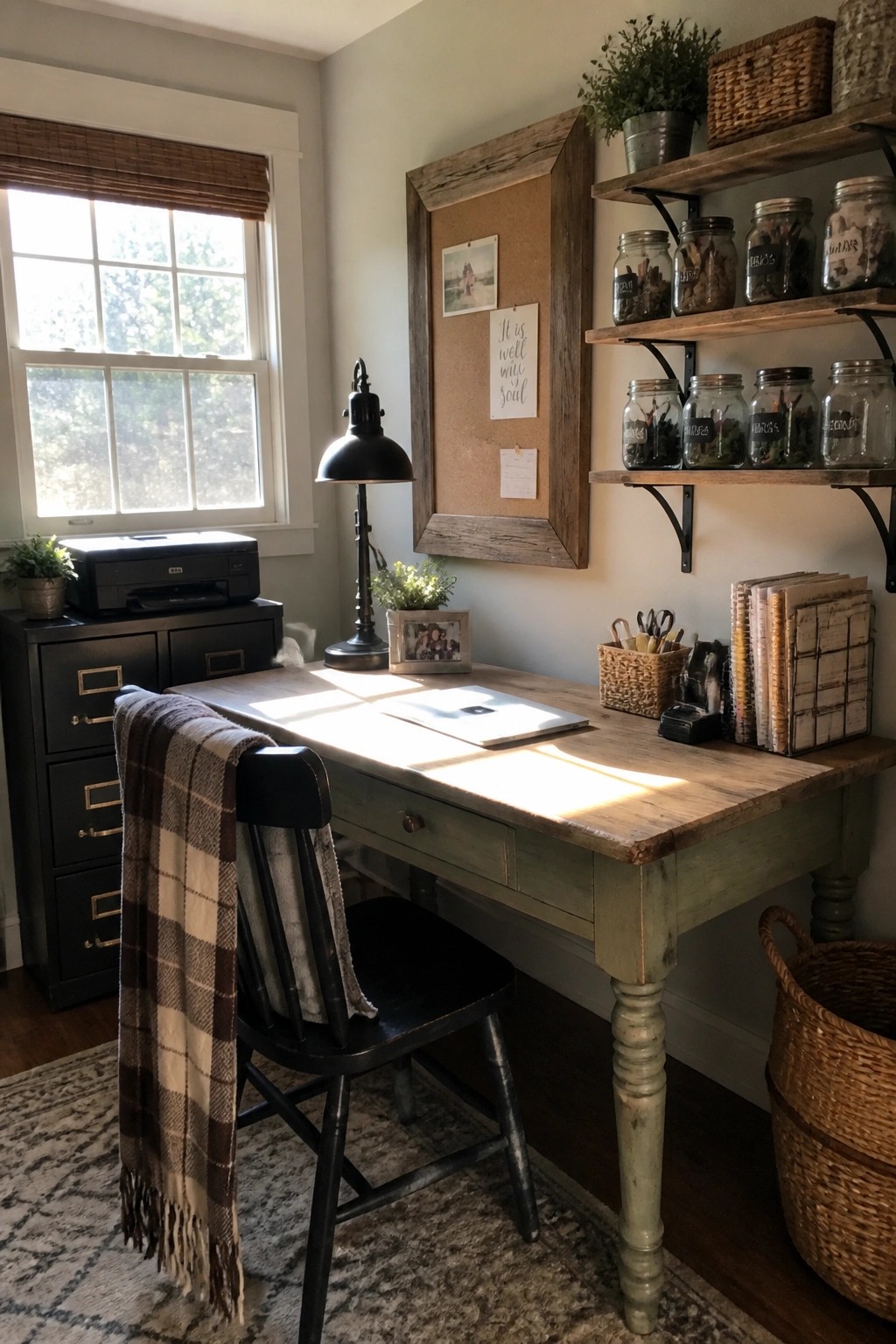 Rustic green wooden desk with black chair, plaid blanket, and mason jar shelves.