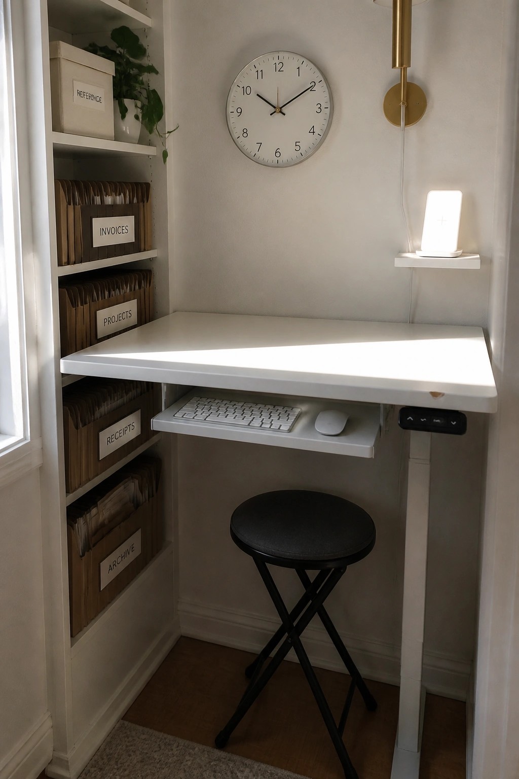 A compact white desk with a pull-out keyboard tray is positioned next to built-in shelves holding multiple labeled storage bins, with a round stool tucked underneath.