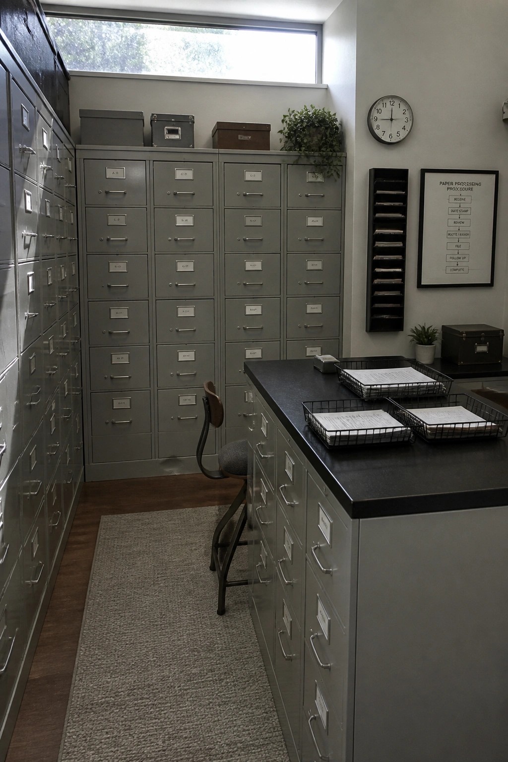 A room lined with gray metal filing cabinets, a black countertop holding wire paper trays, and a stool positioned in front of a window.