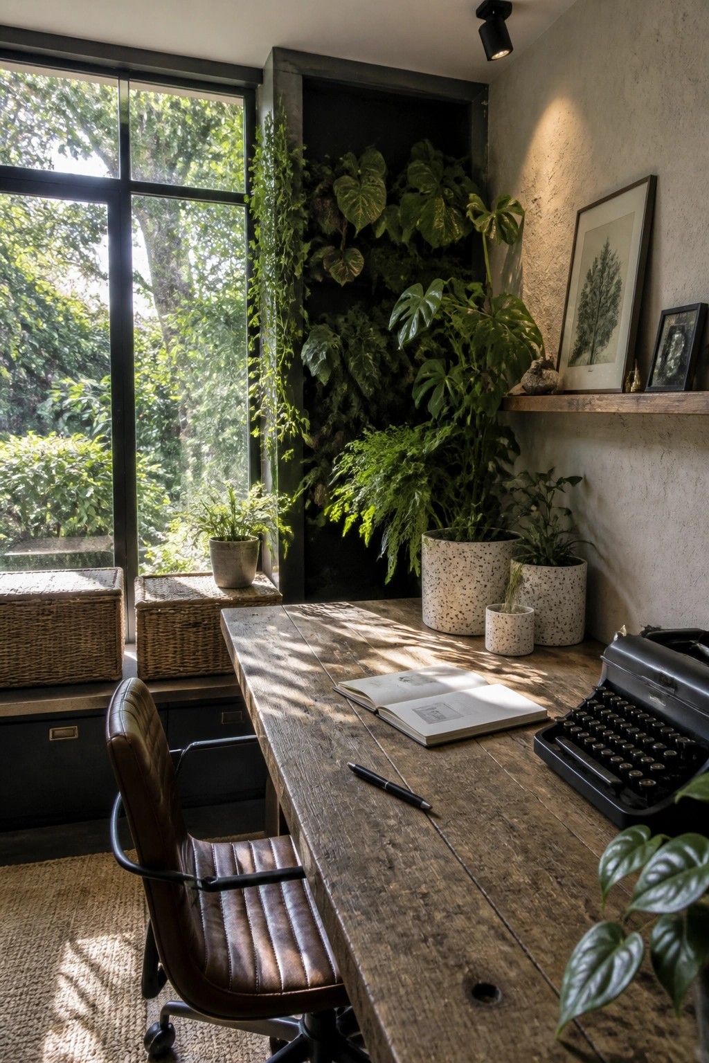 Rustic wooden desk with leather chair, typewriter, plants, and sunlit window view