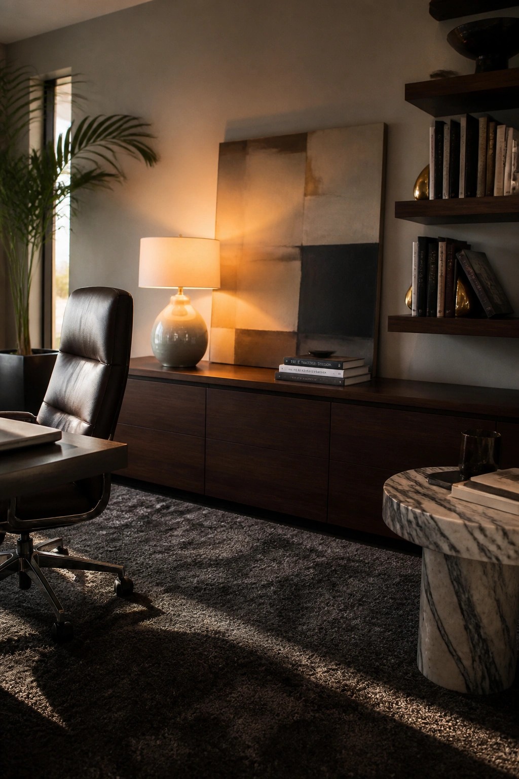 A modern home office with a leather desk chair, long wooden credenza holding a lamp and stacked books, abstract wall art above, and floating shelves with books on the right side.